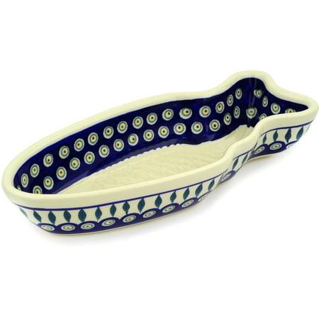 Ceramic Fish Platter Polish Pottery 14-inch Fish Shaped Platter (Peacock Leaves Theme) Hand Painted in Boleslawiec, Poland + Certificate of Authenticity ()