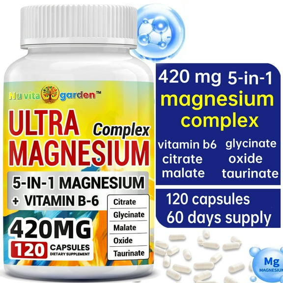 5-in-1 Magnesium Complex Supplement 420mg - 5 Forms High Absorption Magnesium Glycinate Citrate Malate Oxide Taurinate- Non-GMO 120 Vegan Magnesio Capsule for Sleep Muscle Heart Health