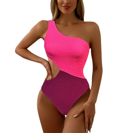 

Quealent Sports Bras Women Print Colorblock Ruffle One Shoulder Waist Cutout Bikini Swimsuit J X-Large