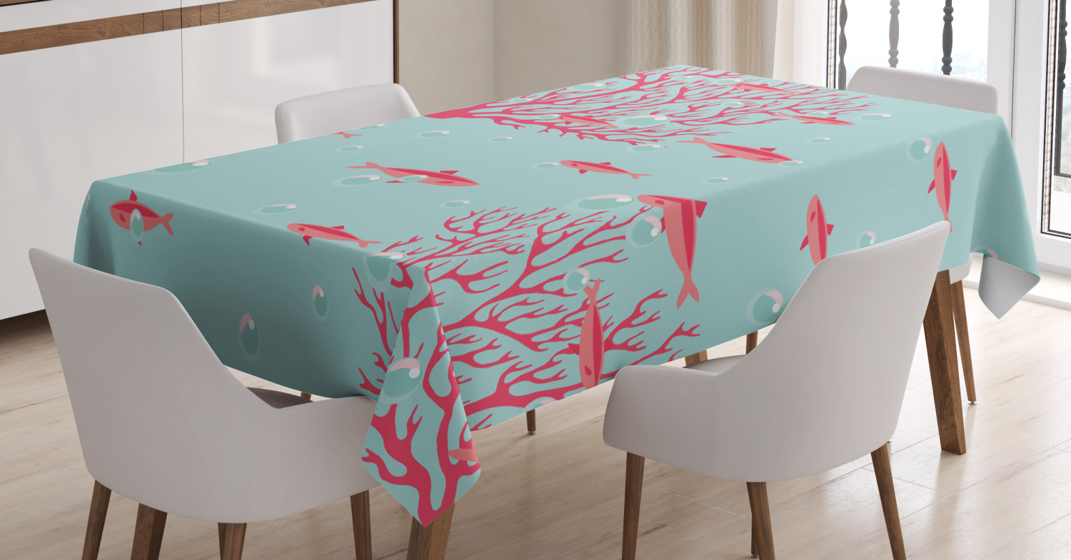 Coral Tablecloth, Aquatic Pattern with Little Cute Fishes and Coral