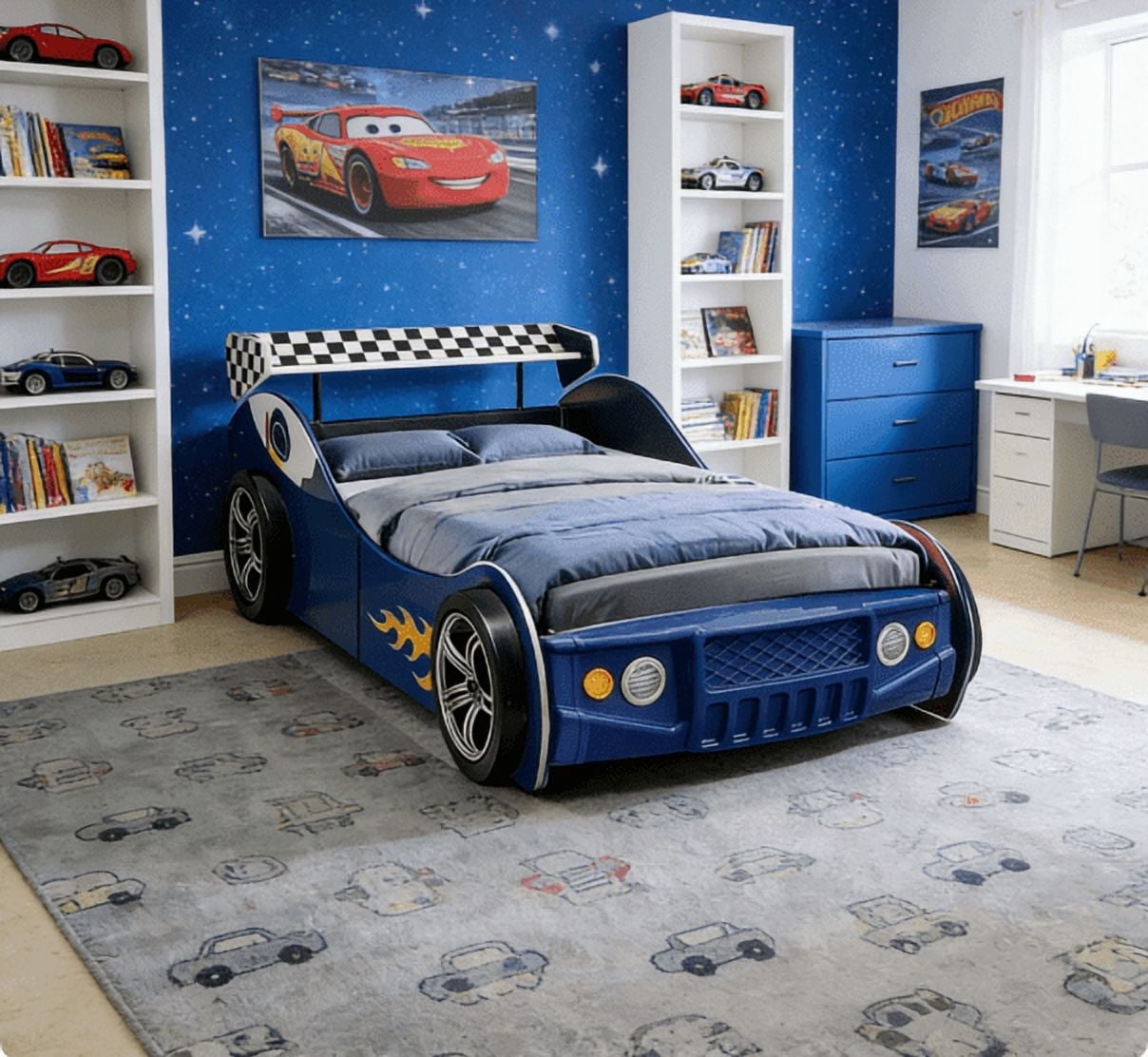 HICOMILA Twin Size Race Car Bed for Boys -Supreme Energy Red Race Car Bed Frame, Spider Man Beds, Car Bed with Cool LED Lights & Guardrails, Reading＆Fun Space, 250 lbs Capacity, Easy Assembly, Blue