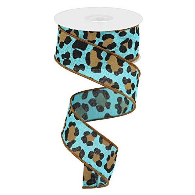 1.5""X10Yd Estampado De Leopardo Verde Azulado Aguamarina En Cinta Con Cable Real