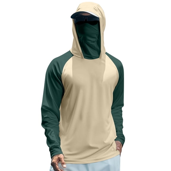 Men's UPF 50 Hooded Sun Shirt, Lightweight Long Sleeve Fishing Shirt with Hood, Quick-Dry Rash Guard Sun Protective Shirt for Hiking, Beach, and Outdoor Activities Beige L