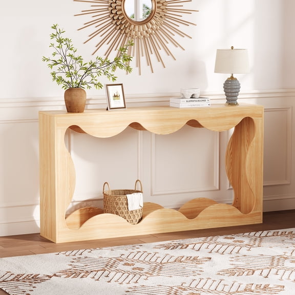 JustSmart 63 Inch Farmhouse Console Table for Entryway, Narrow Wood Scalloped Sofa Table Behind Couch with Storage Shelf, Hallway Table, Natural