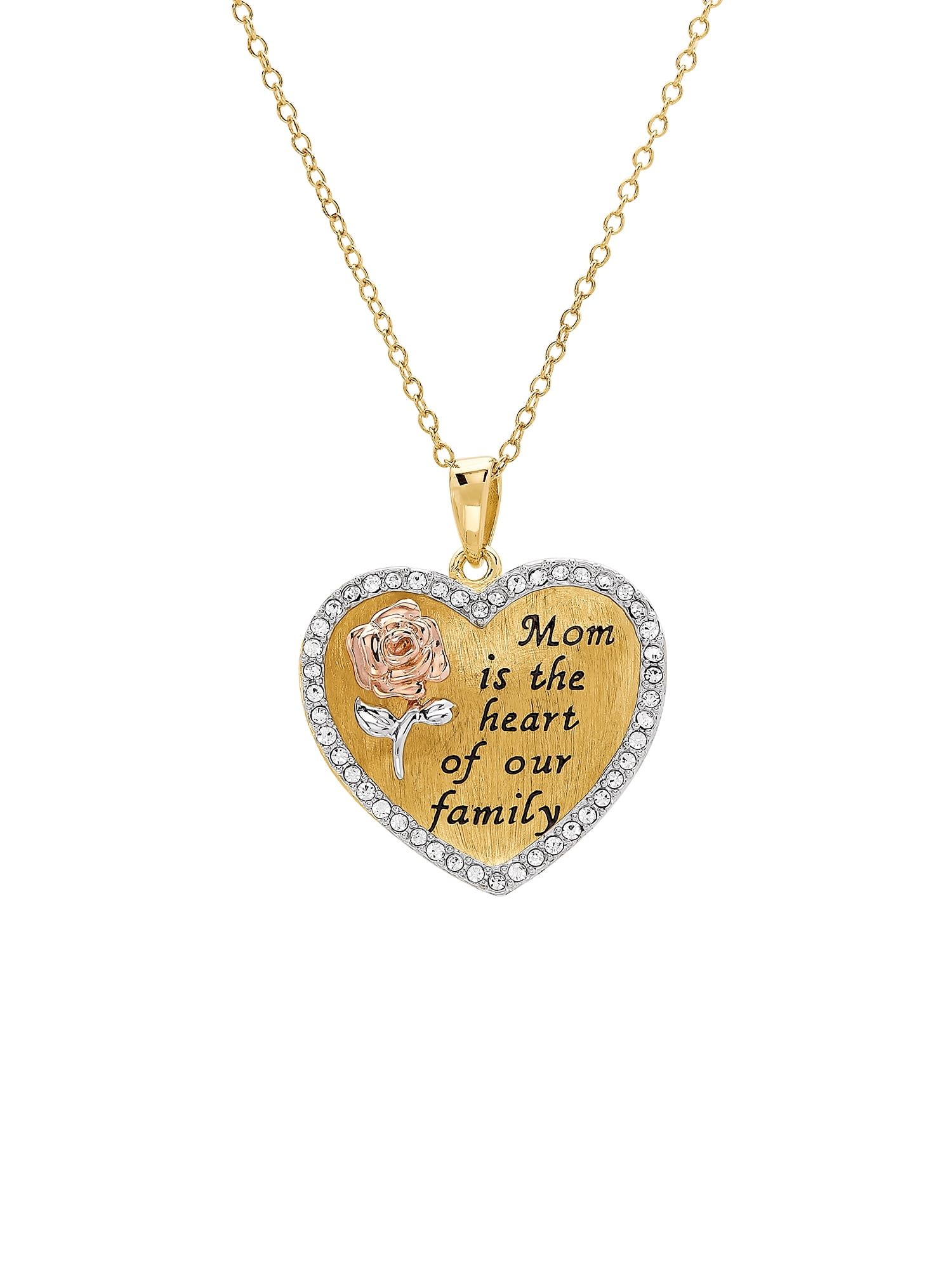 Crystal Rhinestone Love Heart Engraved Silver Pendant Necklace Mum Family A
