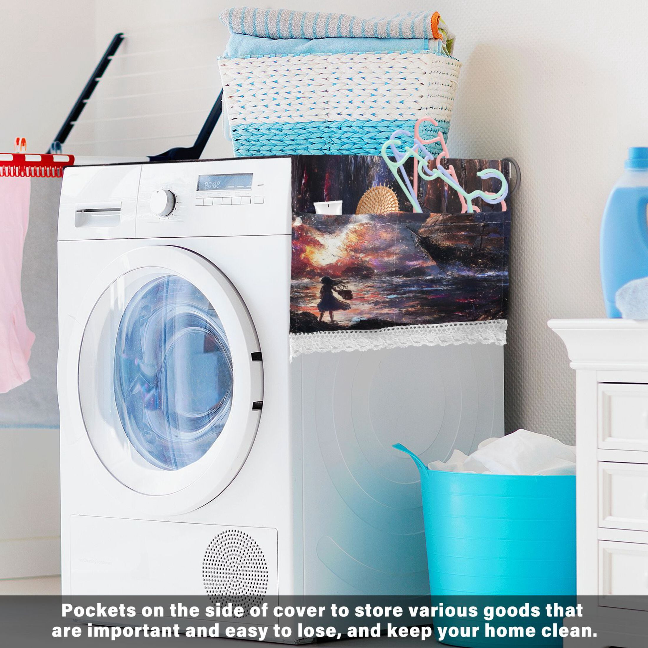 Girl Waiting for The BoatWasher and Dryer Covers Dust-Proof and Oil Resistant Fridge Cover with 4 Storage Pockets Washing Machine Top Cover for Laundry Kitchen Home 51.2 x 22 In