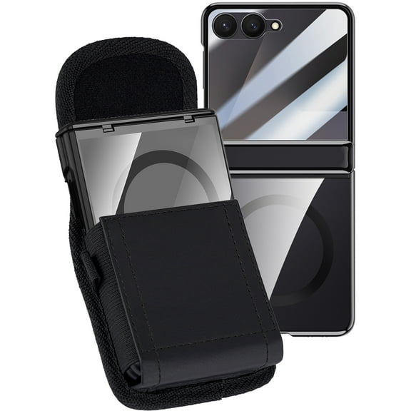 Nakedcellphone Combo for Samsung Galaxy Z Flip 7 Phone Case with Belt Clip Pouch Holder - Built-In Screen Protector - Hinge Cover - Compatible with MagSafe - Black/Clear