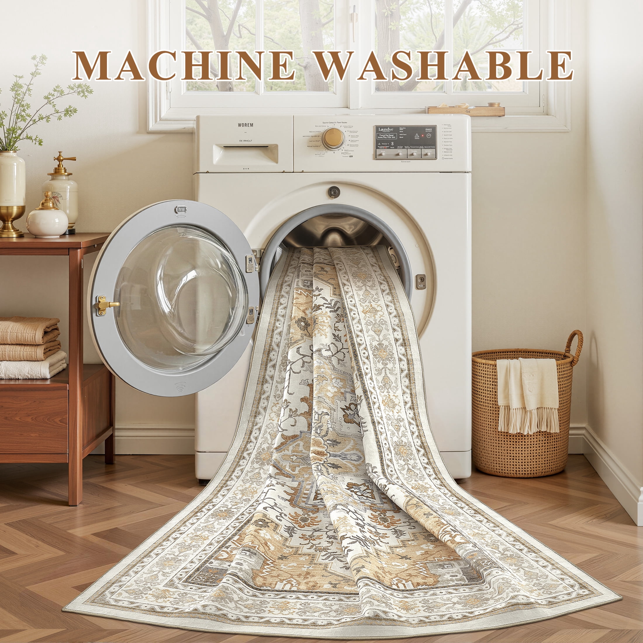 UERMEI 9x12 Washable Area Rugs for Living Room, Modern Vintage Printed Rug, Vacuum-Friendly, Non Slip Indoor Rug for Bedroom Dining Room Home Decor Carpet, Beige/Brown