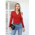 thumbnail image 4 of VICHVVY Womens Long Sleeve Shirts Lapel V Neck Slim Fitted Ribbed Knit Trendy Tight Polo Tops Red S, 4 of 5