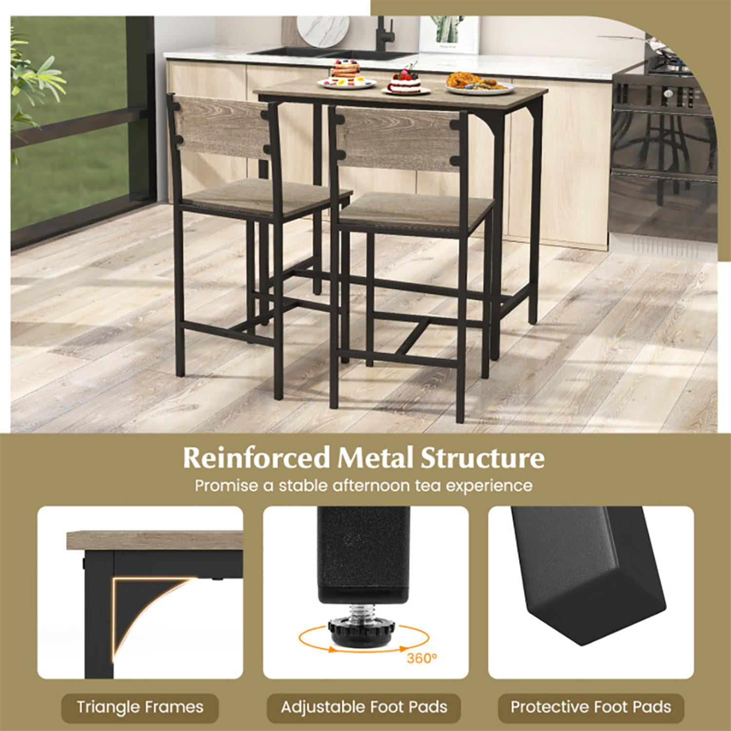 Demi Bonn 3-Piece Bar Table Set with Backrest and Footrest, 35" Wooden Square Kitchen Dining Table Set, Perfect for Small Space, Gray