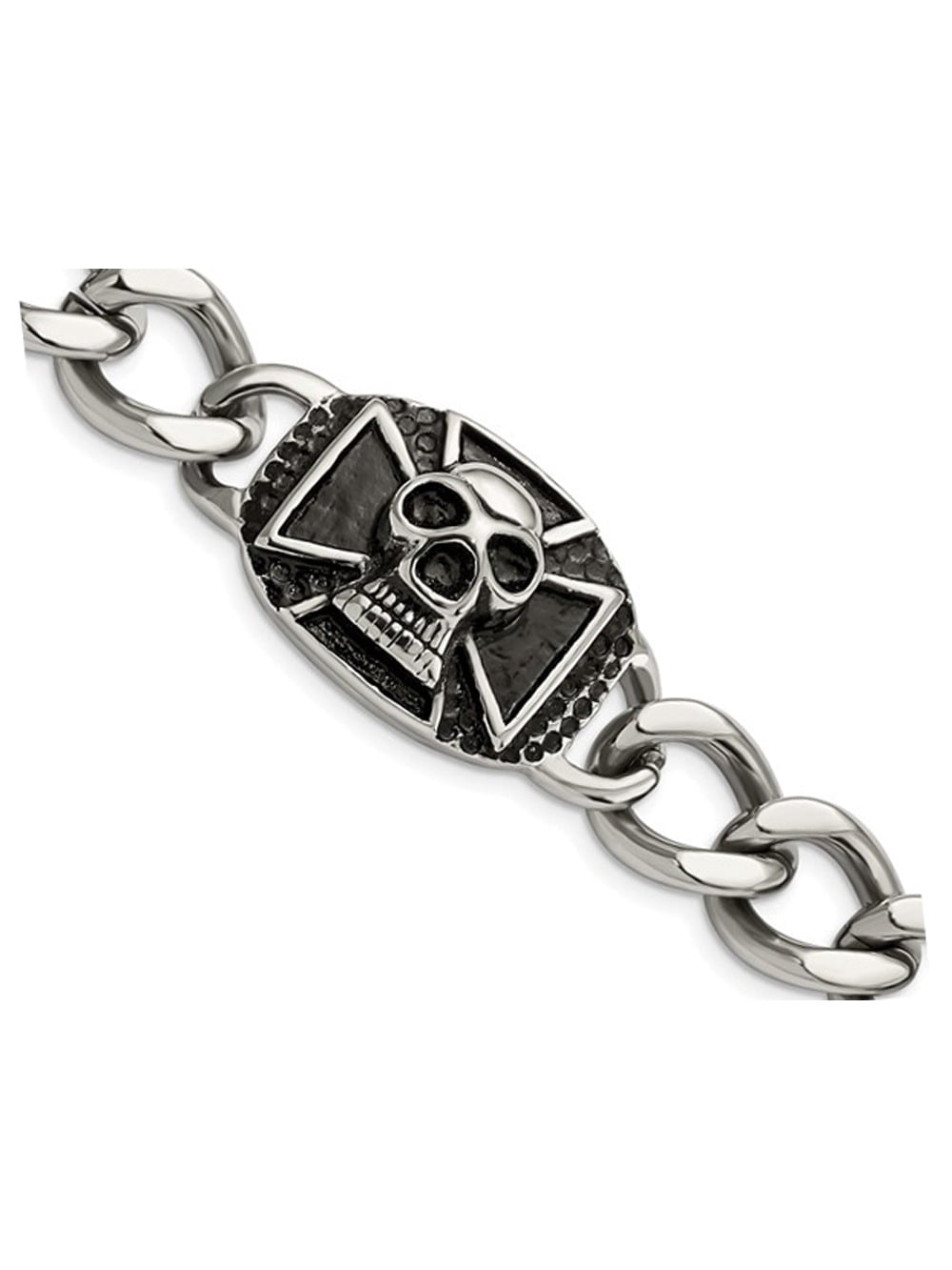 Stainless Steel Antiqued and Polished Skull Curb Bracelet (9.00 inches) for Men