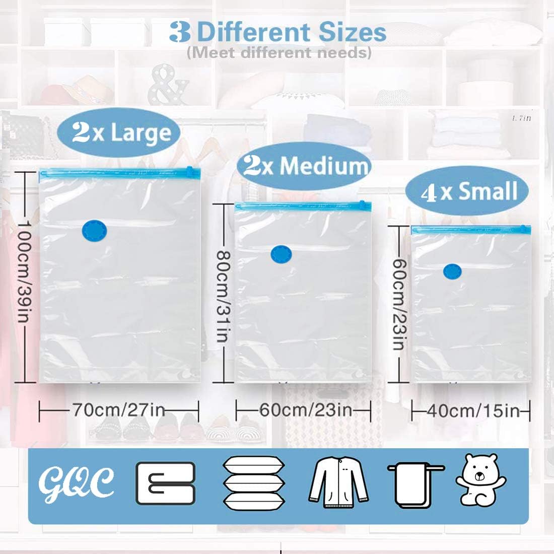 Premium Vacuum Storage Bags. 80% More Storage!Vacuum bags clothes for Travel! Double-Zip Seal and Triple Seal Turbo-Valve for Max Space Saving