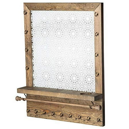 Wall Mounted Jewelry Organizer with Shelf, Bracelet Holder Rod and 17 Antique Brass Hooks - Rustic Wood Earring and Necklace Hanging Rack - 13 x 17 Inch