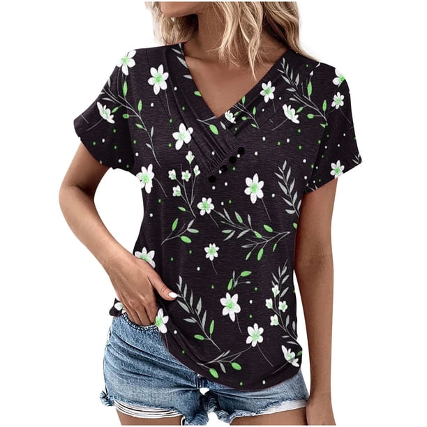 Tops de Algodón para Mujeres Cuello en V Moda Casual Manga Corta Primavera Verano Top para el Hogar Y Diario