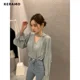 thumbnail image 3 of Camisetas de primavera 2024 con cuello en V, finas y sexys, con mangas abullonadas, elegantes, informales, holgadas, de color liso, 3 of 6