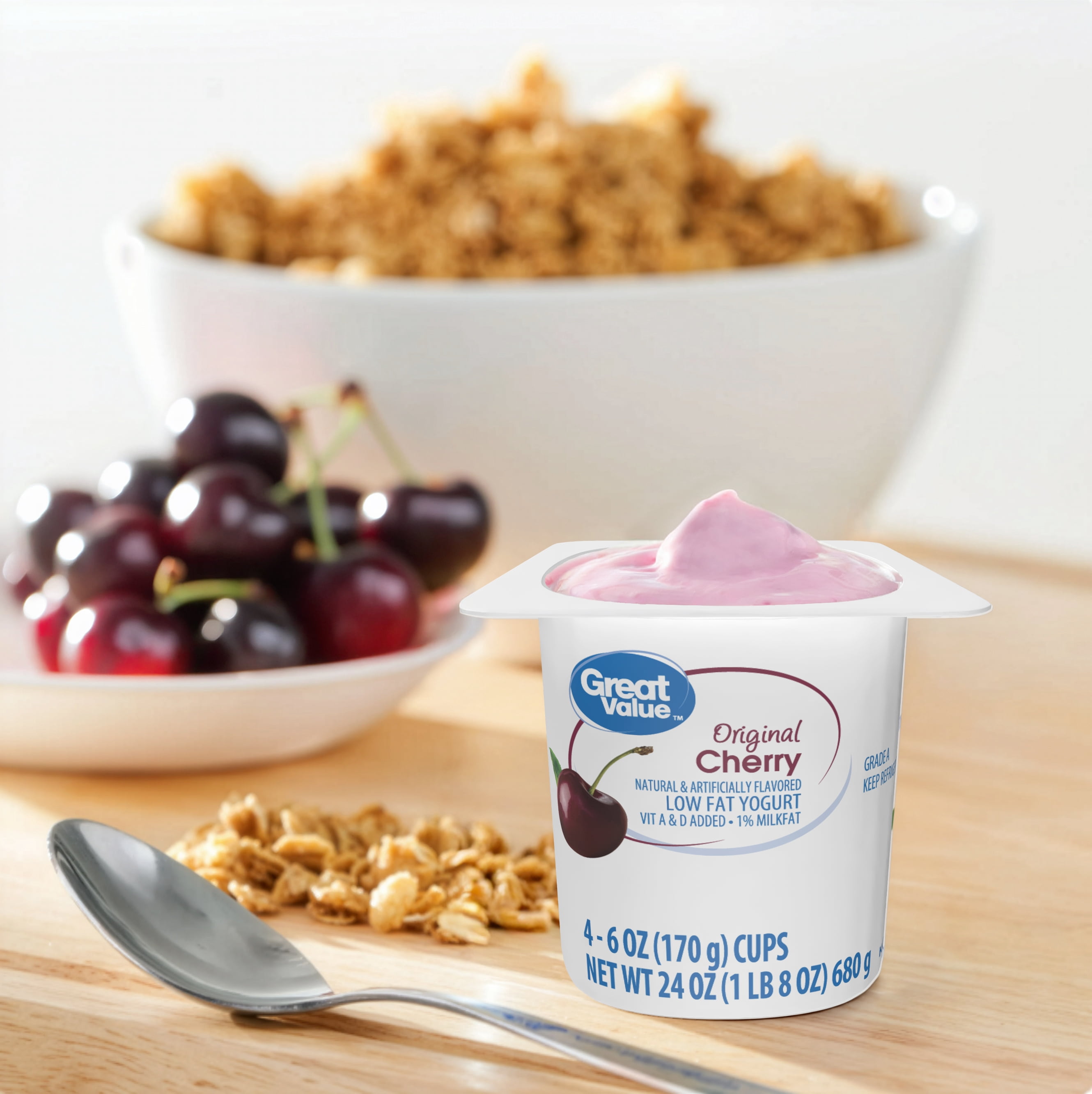 Great Value Original Cherry Low-fat Yogurt, 6 oz Cups, 4 Count