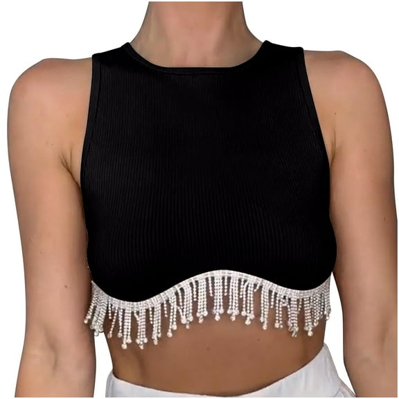 Giftesty Womens Tanks Clearance Fashionable Women's Sexy Round Neck Solid Color Irregular Tassel Top