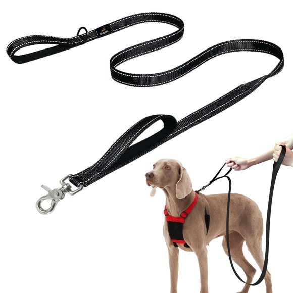 Sporn Laisse d'Entraînement pour Chien à Double Poignée Rembourrée, Laisse pour Chien de 6 Pieds pour un Contrôle Maximal, Pivotante à 360 Degrés avec Sangle Réfléchissante pour Haute Visibilité en Faible Luminosité, Noir