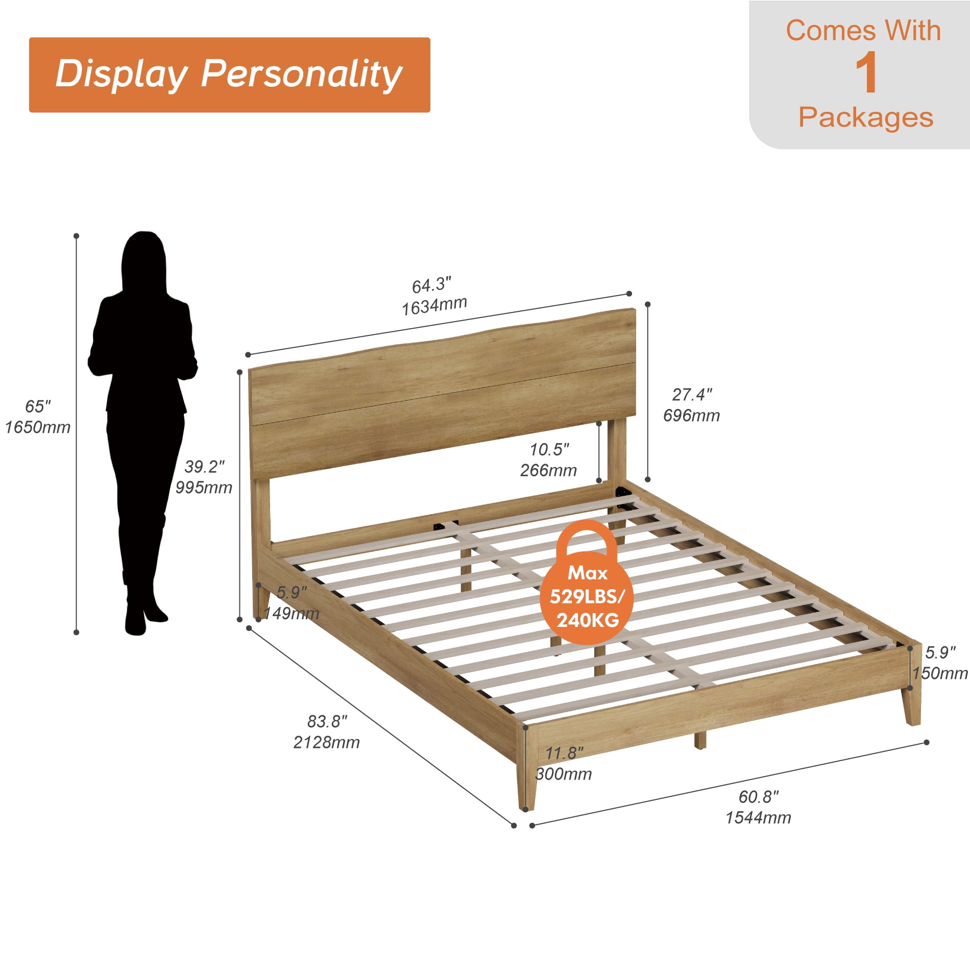 Queen Bed Frame with Wave Headboard, Solid Wood Legs,Oak