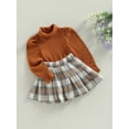 thumbnail image 3 of 3PCS Toddler Girl Skirt Sets Turtleneck Long Sleeve Knit Sweater A Line Mini Flannel Plaid Skirt Fall Winter Outfits (Brown, 12-18 Months), 3 of 7