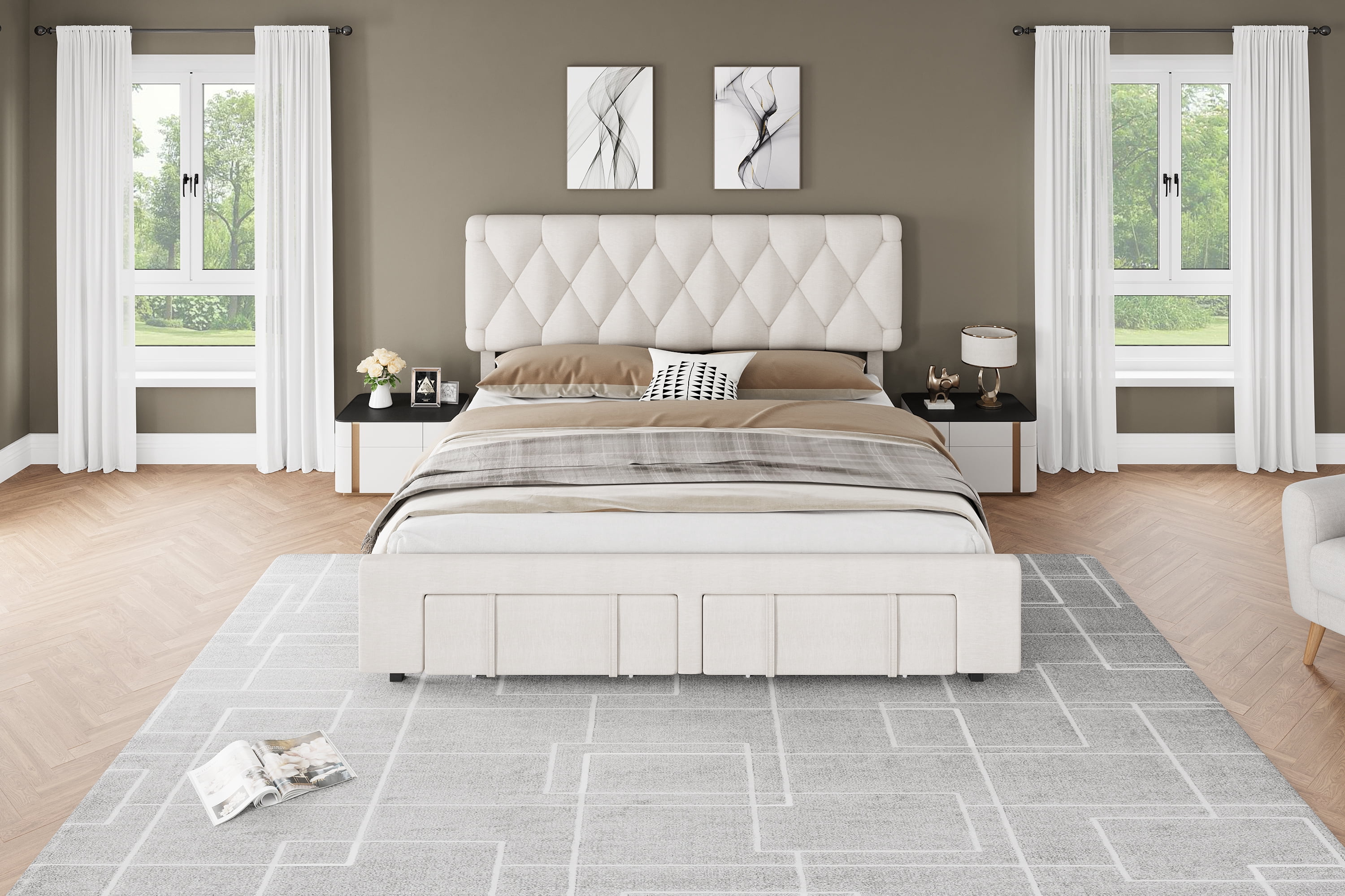 Towallmark King Size Bed Frame,with 2 Storage Drawers, Upholstered Platform Bed Frame No Box Spring Needed, Noise-Free, Easy Assembly