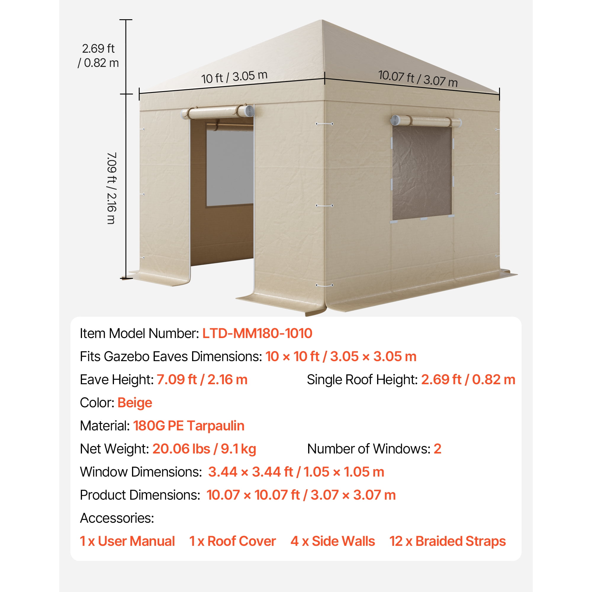 KFFKFF Winter Gazebo Cover for 10 x 10 ft Hardtop Gazebos 180G PE Waterproof Material All-Weather Enclosed Canopy Cover
