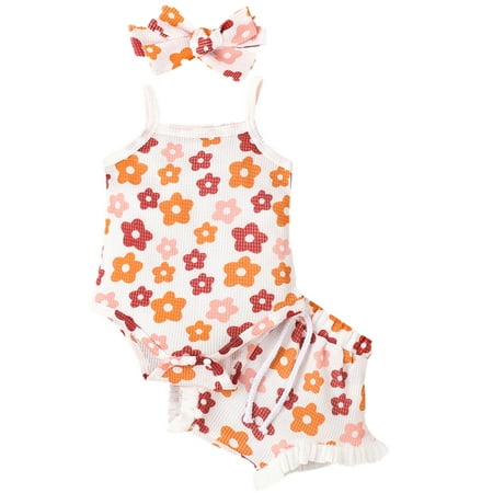 

HESHENG Infant Baby Girls Suit Floral Printed Sleeveless Romper Tops+Ruffled Shorts+Bow Headband Outfits Colorful 12-18M(100)