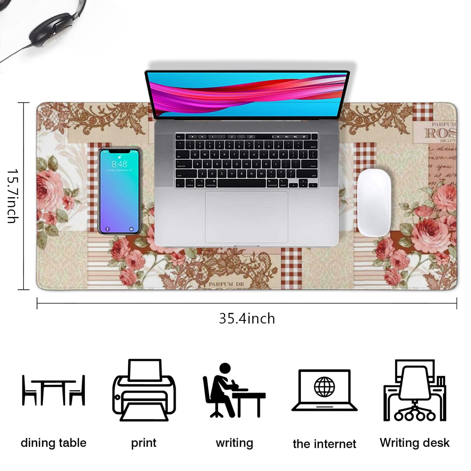 Long Mouse Pads for Desk,Pioneer Flower Floral Print Pattern Desk Mats on Top Of Desks, Desk Mouse Pad Extra Large with 3mm Non-Slip Base and Stitched Edge for Gaming,Office,Work,Home 35.4"x15.7"