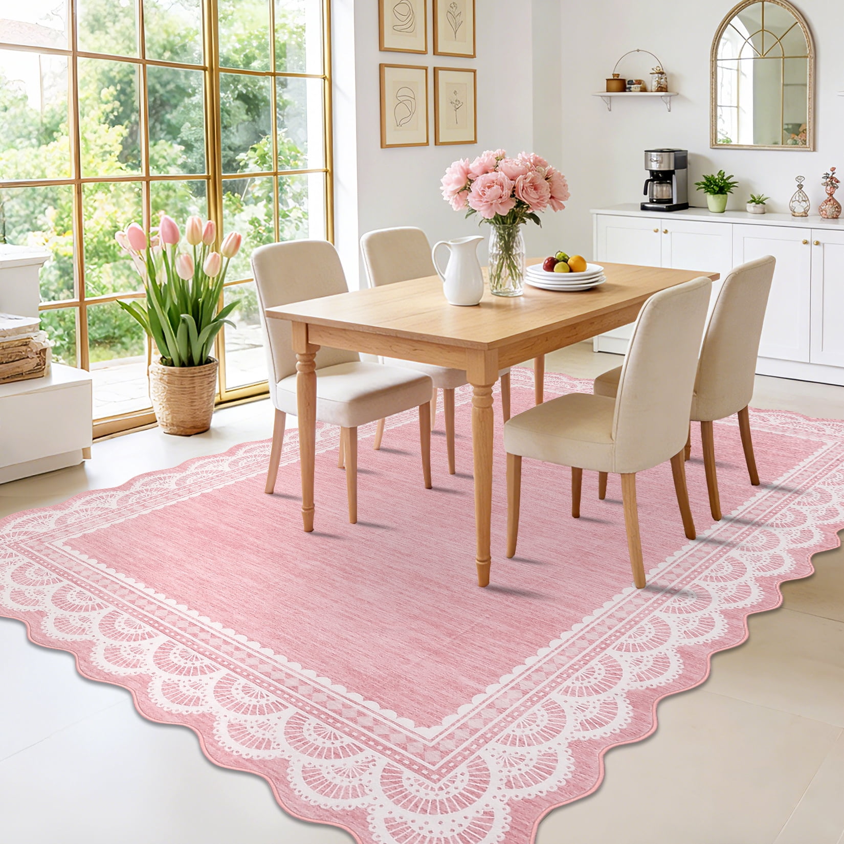 Garvee 5'x7' Scalloped Area Rug Modern Lace Edge Carpet, Washable Solid Rug Non-Slip Low Pile Indoor Mats for Living Room Bedroom Home Decor, Pink
