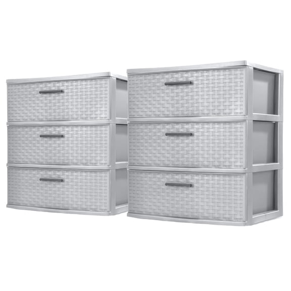 Sterilite 3-Drawer Wide Weave Tower - Plastic Storage - 2 Pack, Cement