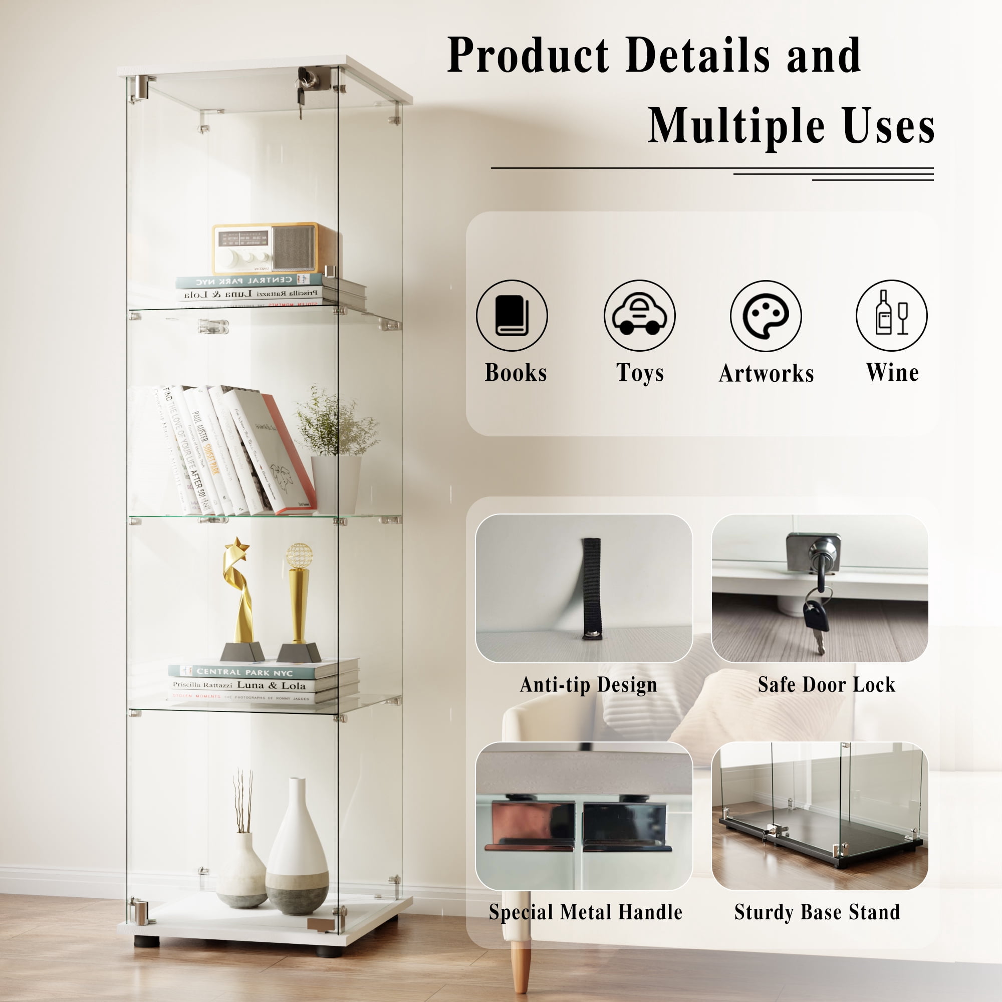BEAUTYPEAK 64" Display Cabinet with Glass Doors,4-Tier Single-Door Curio Cases with White Panels