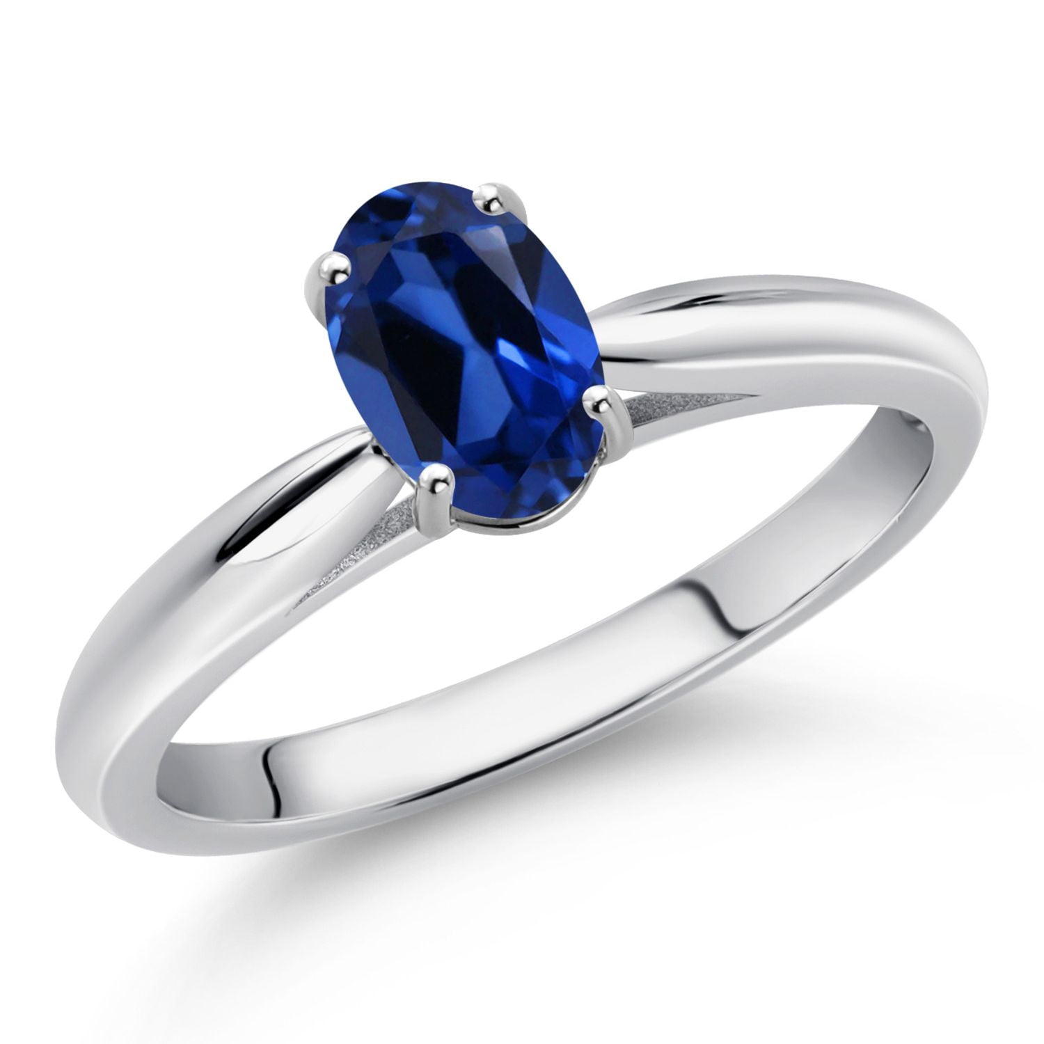 Gem Stone King 10K White Gold Blue Created Sapphire Solitaire Engagement Ring for Women (1.00 Cttw, Oval 7X5MM, Gemstone September Birthstone, Size 8)