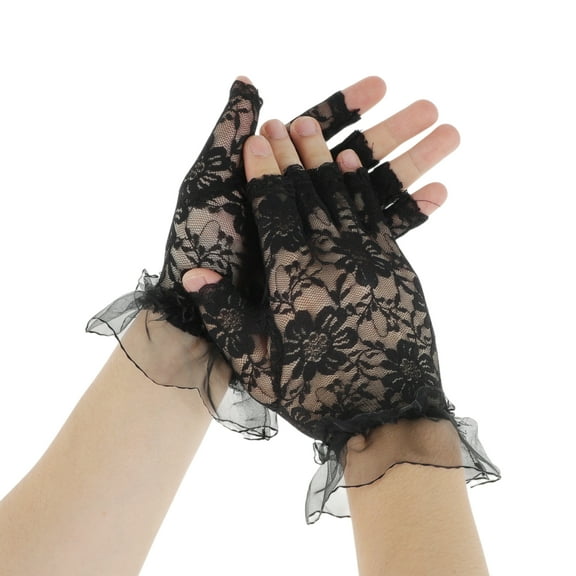 Unique Bargains 1 Pair Sunblock Fingerless Gloves Half Finger Lace Sun Block Driving Gloves for Women Black