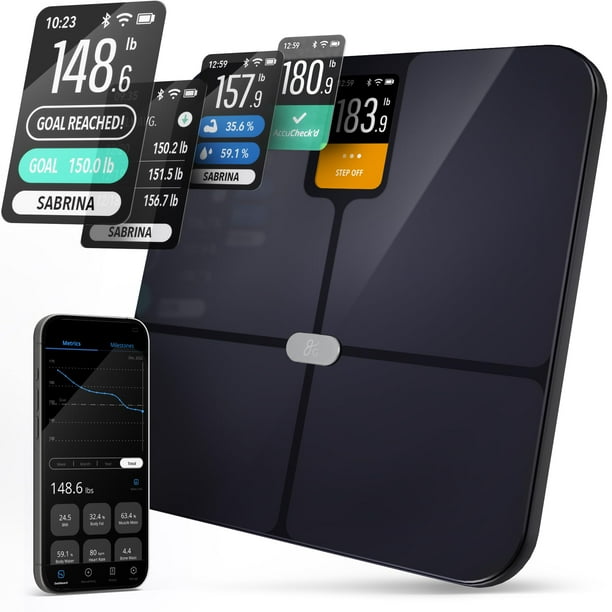 Báscula inteligente Greater Goods: báscula digital de baño con IMC, grasa corporal y masa muscular, sincronización Bluetooth y Wi-Fi con la app Weight Gurus, pantalla grande, capacidad de 200 kg