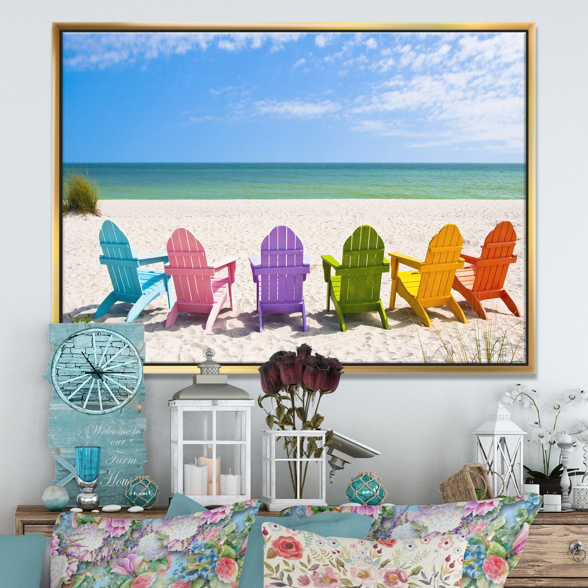 Designart ' Adirondack Beach Chairs ' Seashore Photo Framed Canvas Art Print