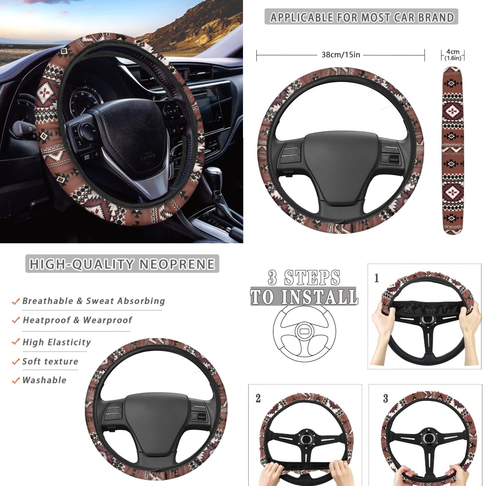 Renewold American Tribal Brown Car Seat Cover Split Covers Full Set for Women Men, with Steering Wheel Headrest Cover Cup Holders Handbrake Gear Shift Cover Auto Accessories, Pack of 11