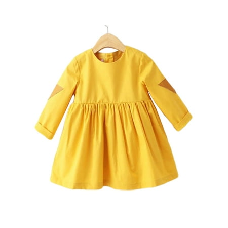 StylesILove Little Princess Yellow Long Sleeve Cotton Holiday Casual Party Outfit Dress
