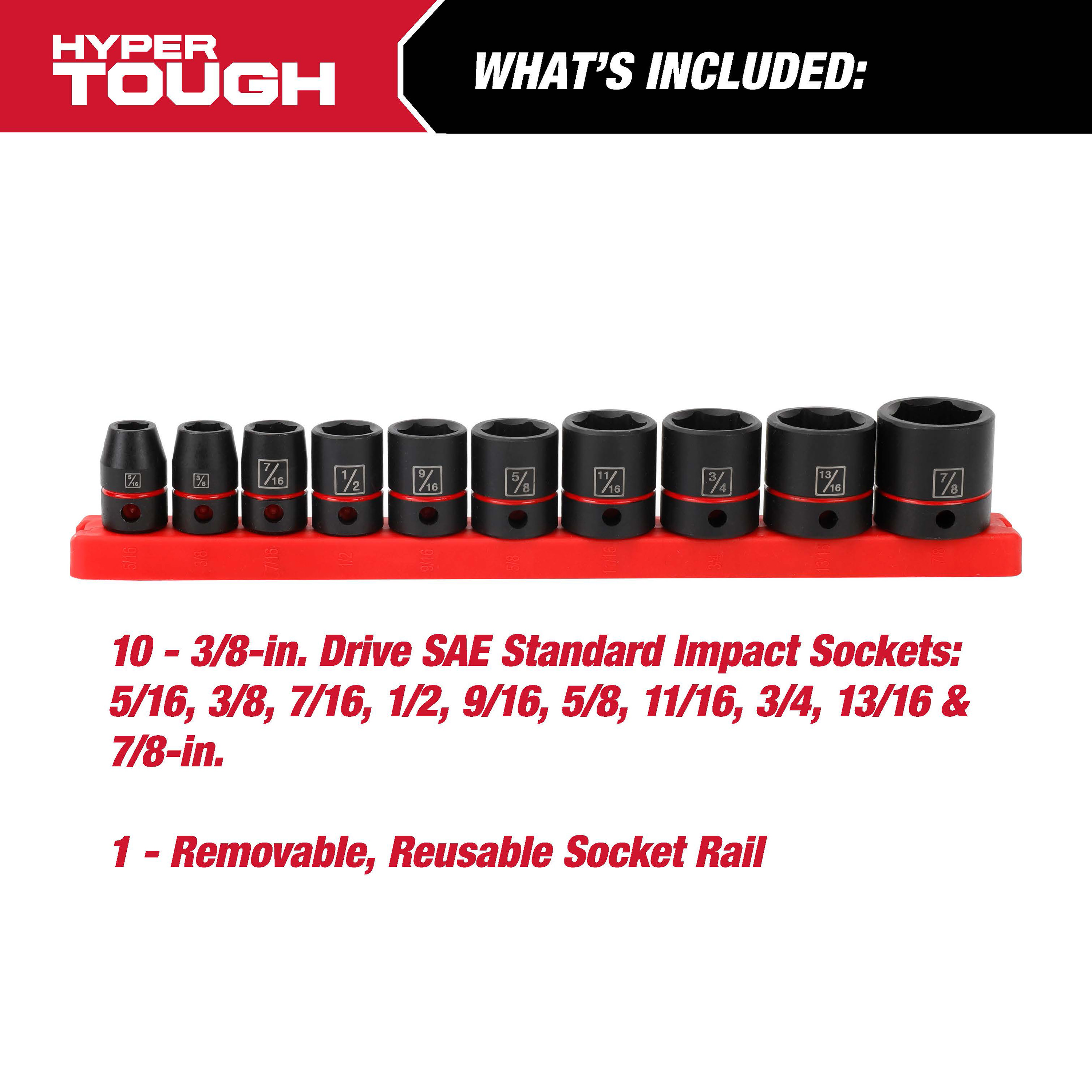 Juego de 11 piezas de dados de impacto de 3/8 pulgada Hyper Tough (SAE) 2