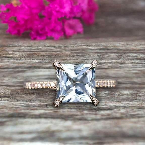 Blue Aquamqrine Engagement Ring-Solid 10k Rose Gold 1.50 Carat Cushion Cut Art Deco Design