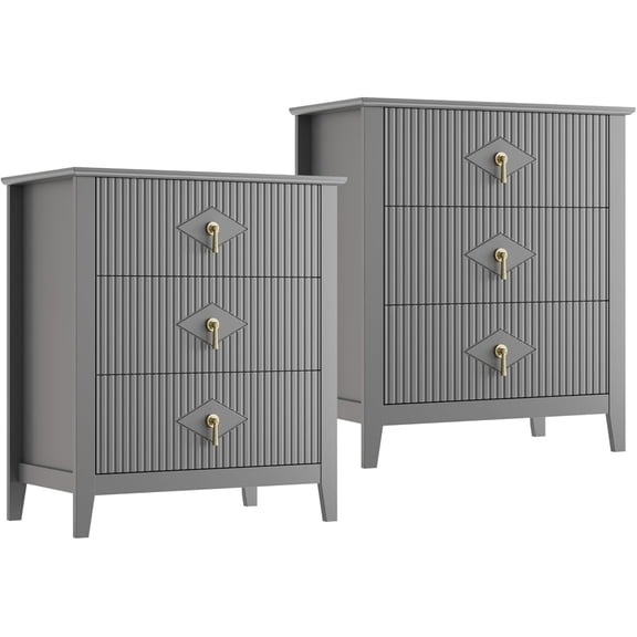 2Pcs Fluted Nightstand, 27.5" Wide Bedside Table with 3 Large Storage Drawers, Modern Night Stand with Metal Handle, Wooden End Table for Bedroom, Living Rooms, Hallway, Entryways, Closet, Grey