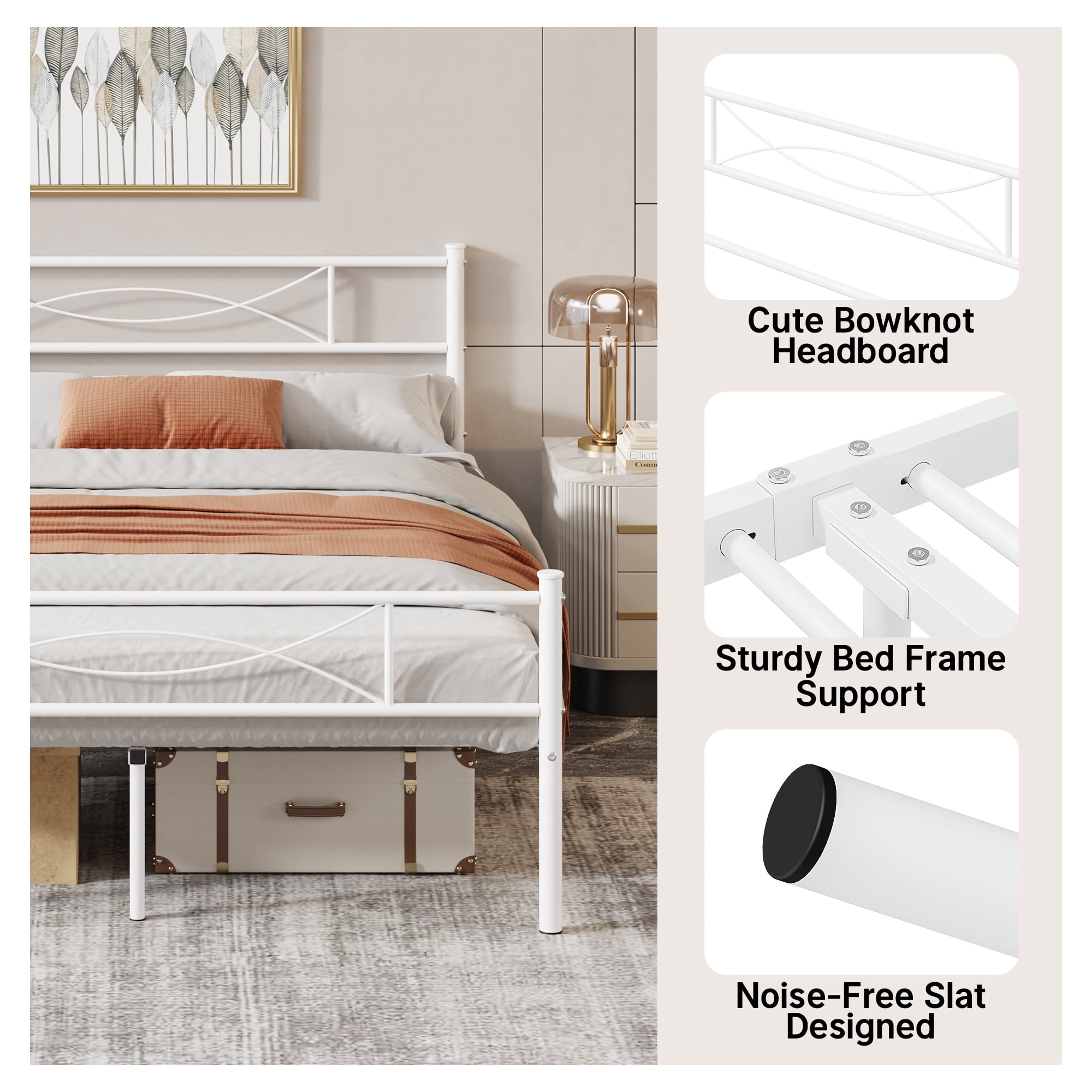 Yoneston Queen Size Metal Bed Frame with Headboard and Footboard Heavy Duty Bed for Bedroom, White