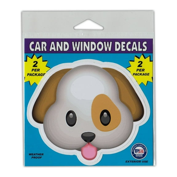 Window Decals, 2-Pack, Cute Dog Face Emoji, 4.25" x 3.75" Vinyl Stickers