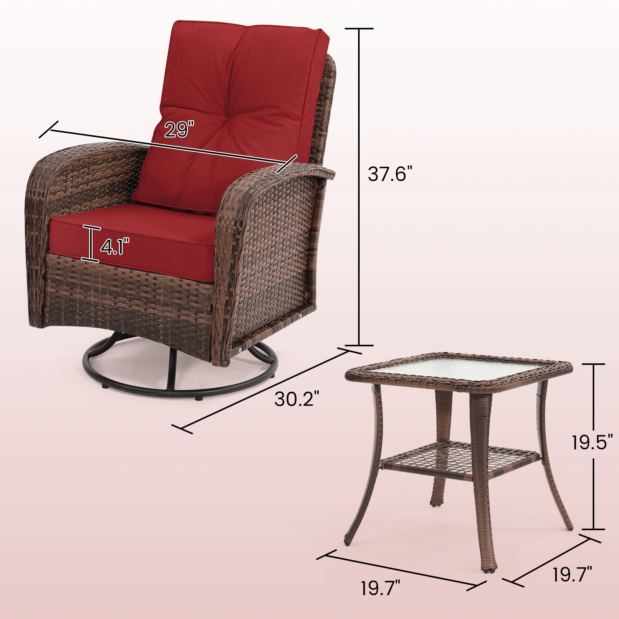 LOGYAT Outdoor Swivel Wicker Pulley Patio Chair with Washable Cushions, Two Chairs and a Tempered Glass Top Table, Ideal for Porches, Balconies, Decks, Brown Rattan， Red Cushion