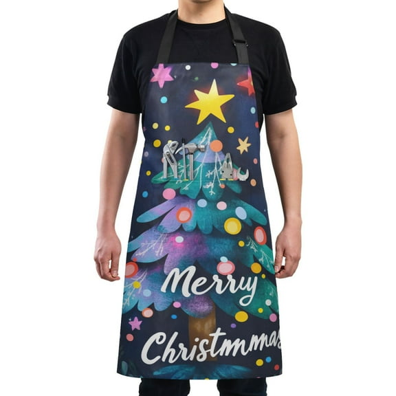 Christmas Tree with Lights Chef Kitchen Apron with Pockets for Women Waterproof Aprons for Cooking Baking