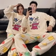 thumbnail image 1 of Pijama de pareja de otoño e invierno de vellón de arroz con cuello redondo y forro polar de dibujos animados dulces, traje de abrigo cálido de vellón de coral grueso, 1 of 5