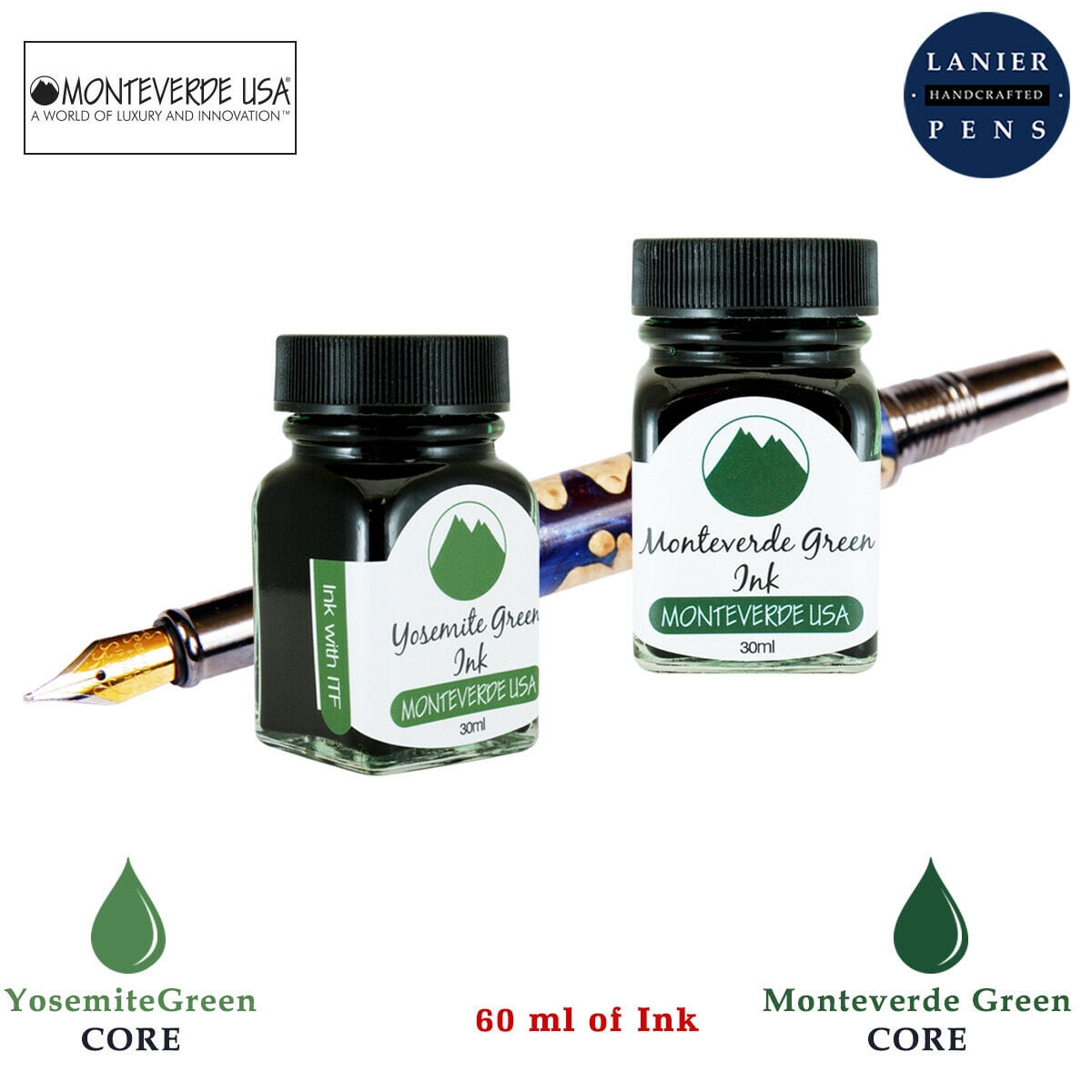 Monteverde 60ml Core Fountain Pen Ink Bottle (30ml Yosemite Green Ink Bottle G309YG, 30ml Monteverde Green Ink Bottle G309MG)