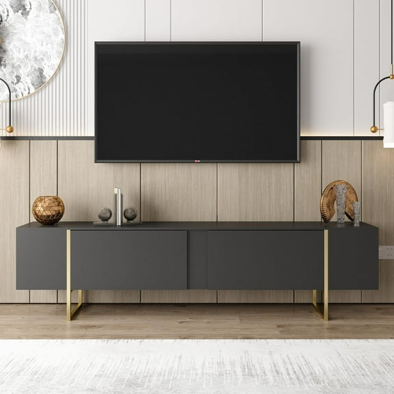Tv Stand 71” with Gold Legs and Two Spacious Doors (Black)