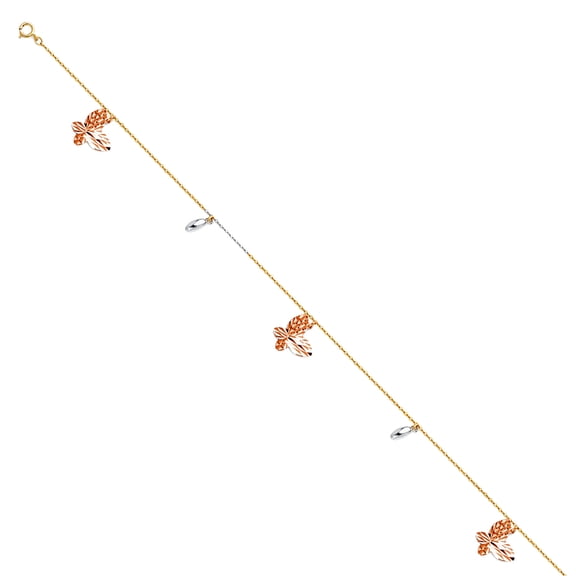 14k Yellow Gold White Gold and Rose Gold Hanging Charm Anklet Anklet for Women - 2.3 Grams