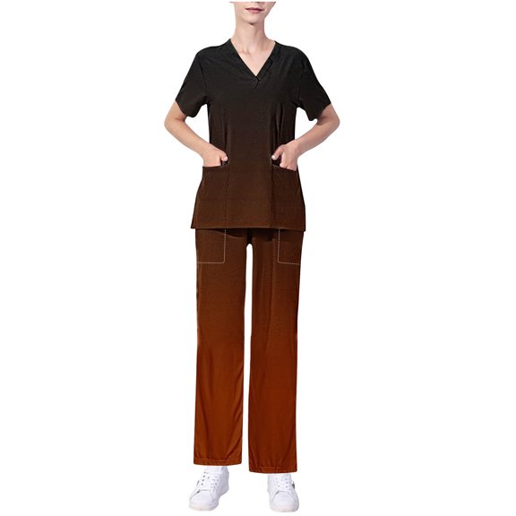 asdoklhq Women's Scrubs Women's Short Sleeved Solid Color Pocket Protective Suit Set Short Sleeved V-neck Top/shirt Set Red 2X
