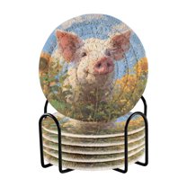 6 Pcs Drink Coasters with Holder 3.94in Woven Coasters for Drinks Cute Pig with Sunflower Field Coaster Set for Protection Table